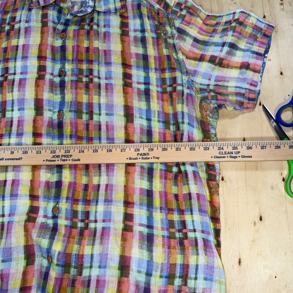 Robert Graham Mens XL Linen Plaid Short Sleeve Button Down Shirt Gold Embroidery - Picture 5 of 6